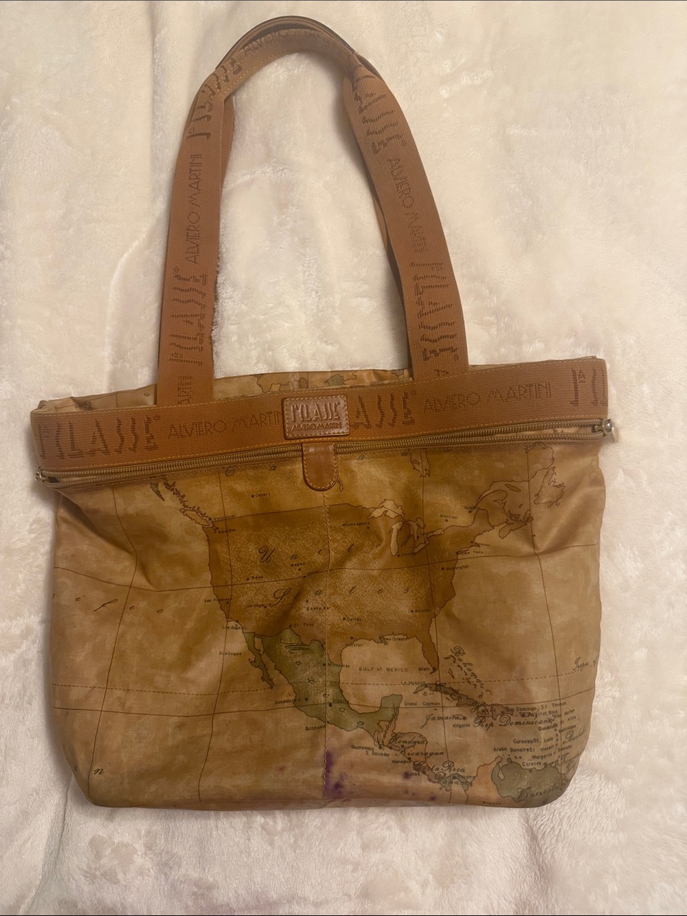 Alviero Martini Tan Geo Map Print Leather Tote